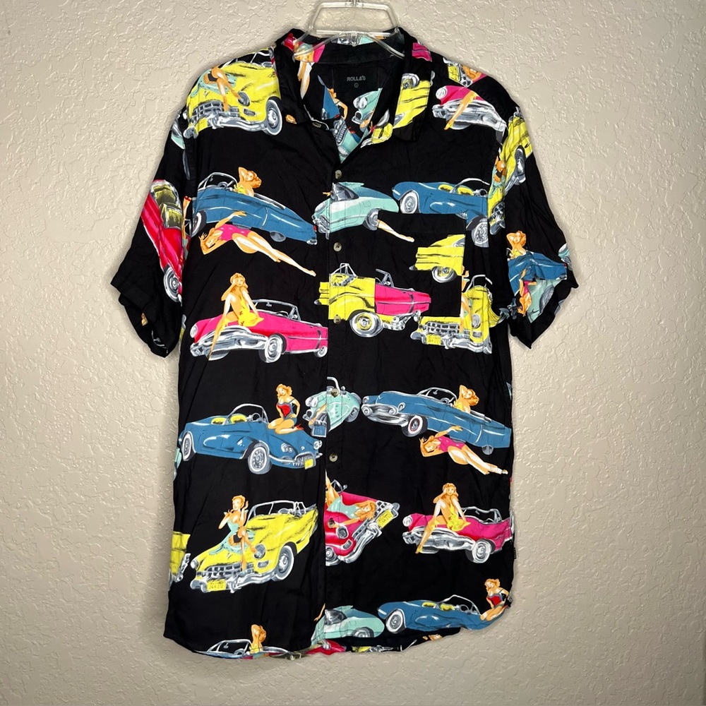 Rollas Bon Hot Wheels Shirt Men's Short Sleeve Button Sz L Car motif AOP Summer